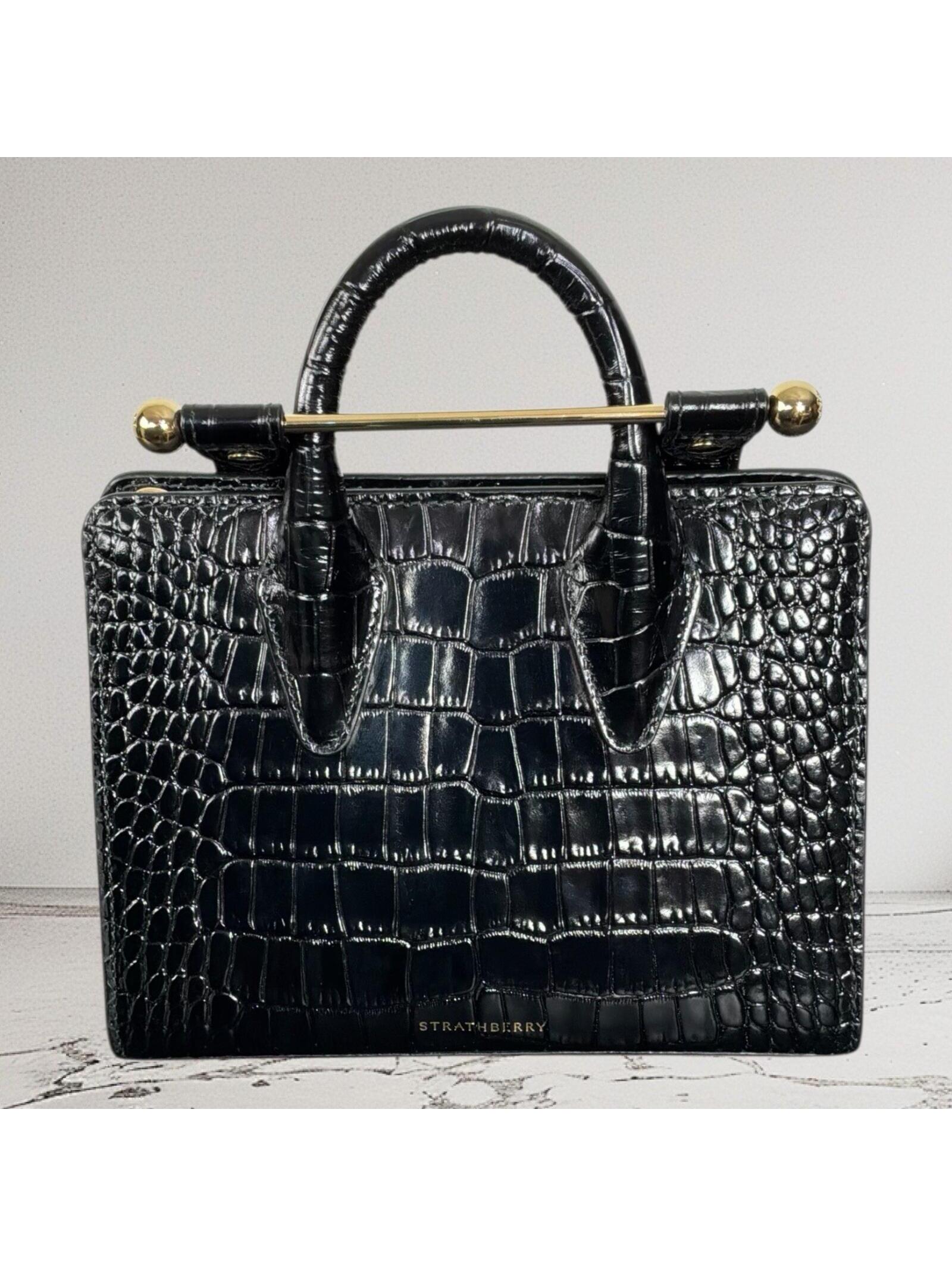 Strathberry Black Croc Embossed Nano Tote Bag